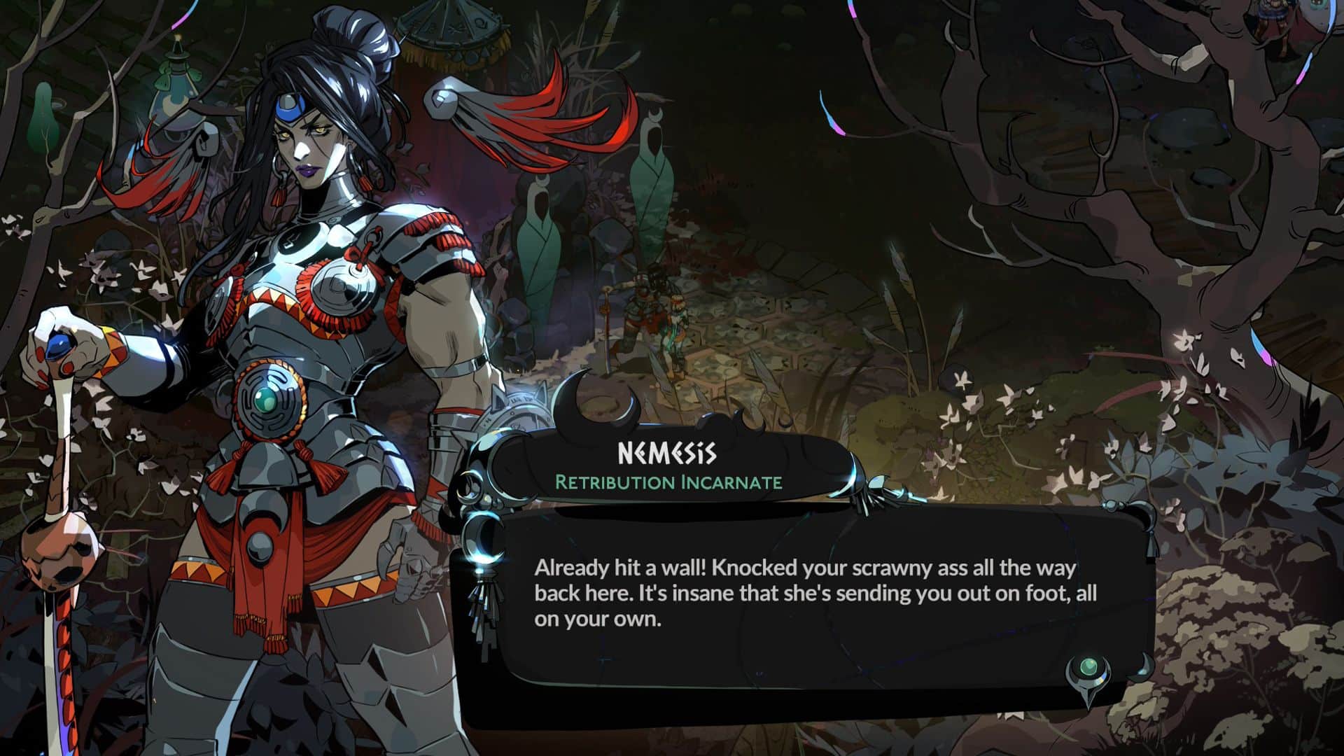 Hades 2 Nemesis character in armor holding a sword with dialogue on screen