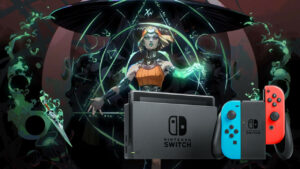 Digital artwork of a stylized female character with a futuristic umbrella, surrounded by glowing symbols, standing behind a Nintendo Switch console released for Hades 2, with neon red and blue controllers.