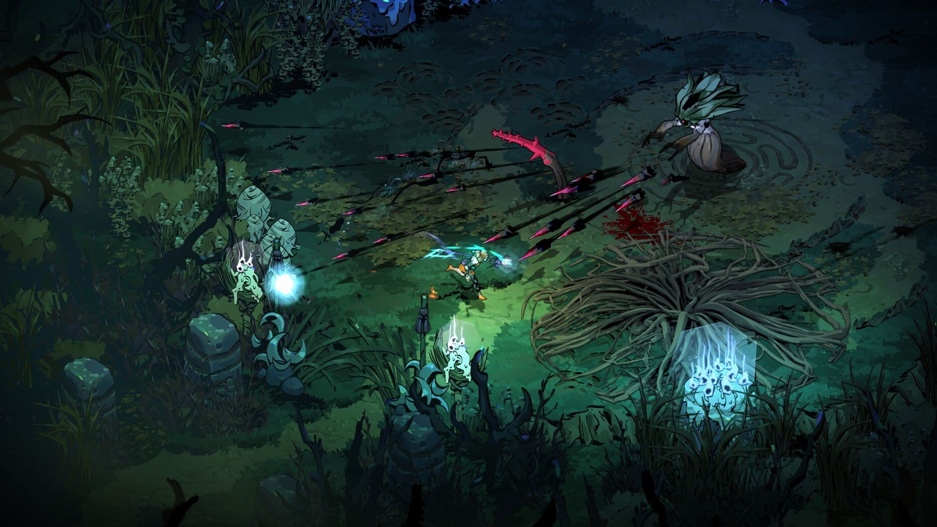 Hades 2 Melinoë dodging enemy projectile attacks in a forest battle