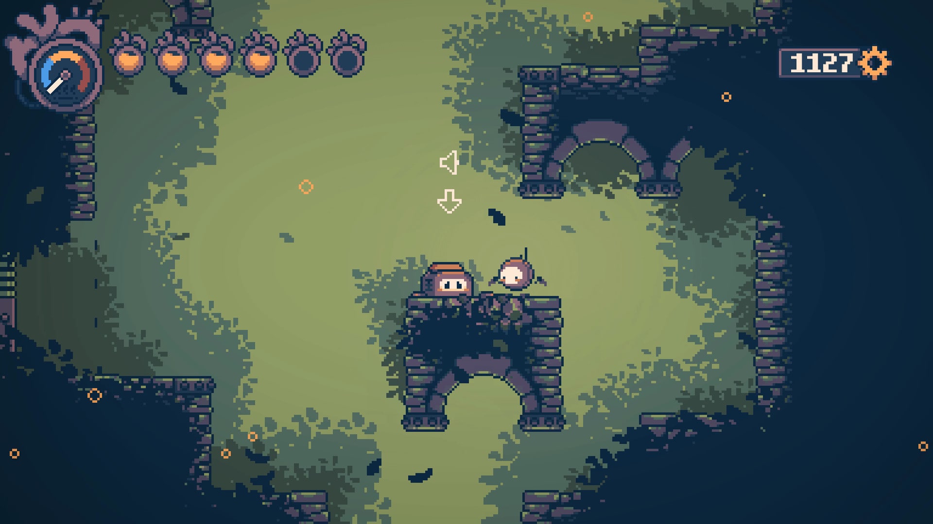 Haiku meets another small robot on top of a mossy stone platform in the forest ruins area in Haiku the Robot.