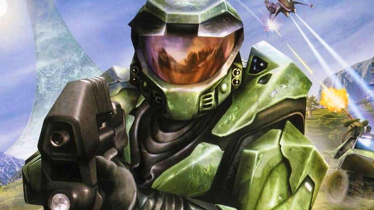 Our memories with Microsoft's first games console, the Original Xbox, including a halo game and a man holding a gun.