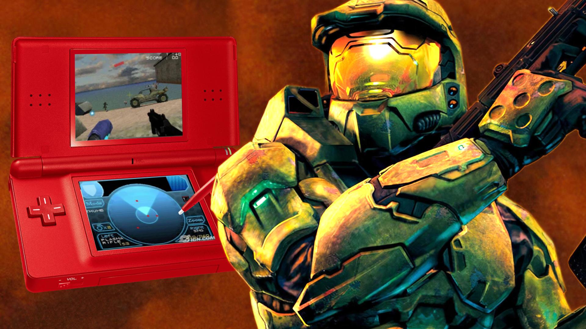 Halo 2 Master Chief standing next to Halo DS running on a DS Lite