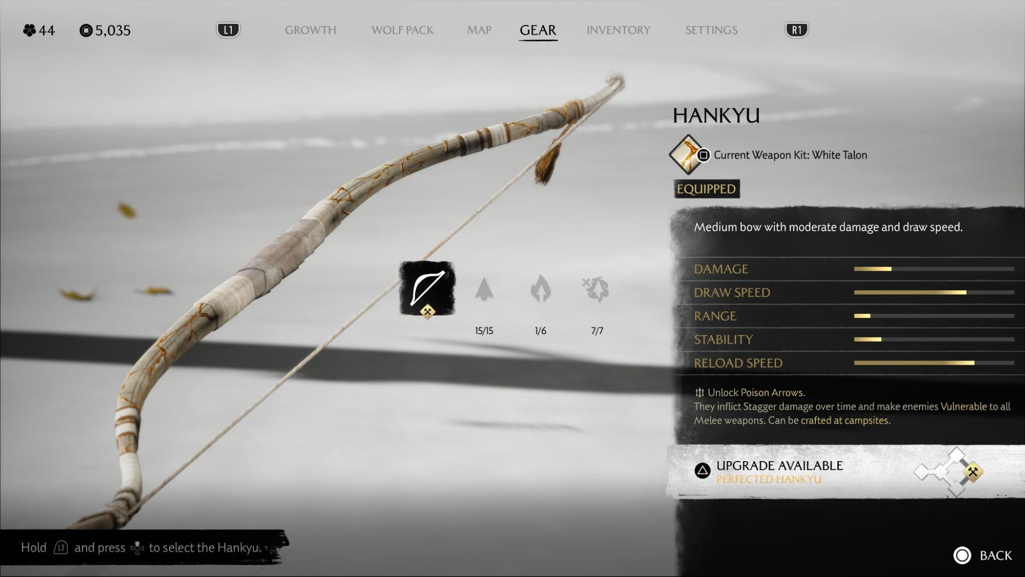 Hankyu bow upgrade screen in Ghost of Yotei showing weapon stats and available upgrade