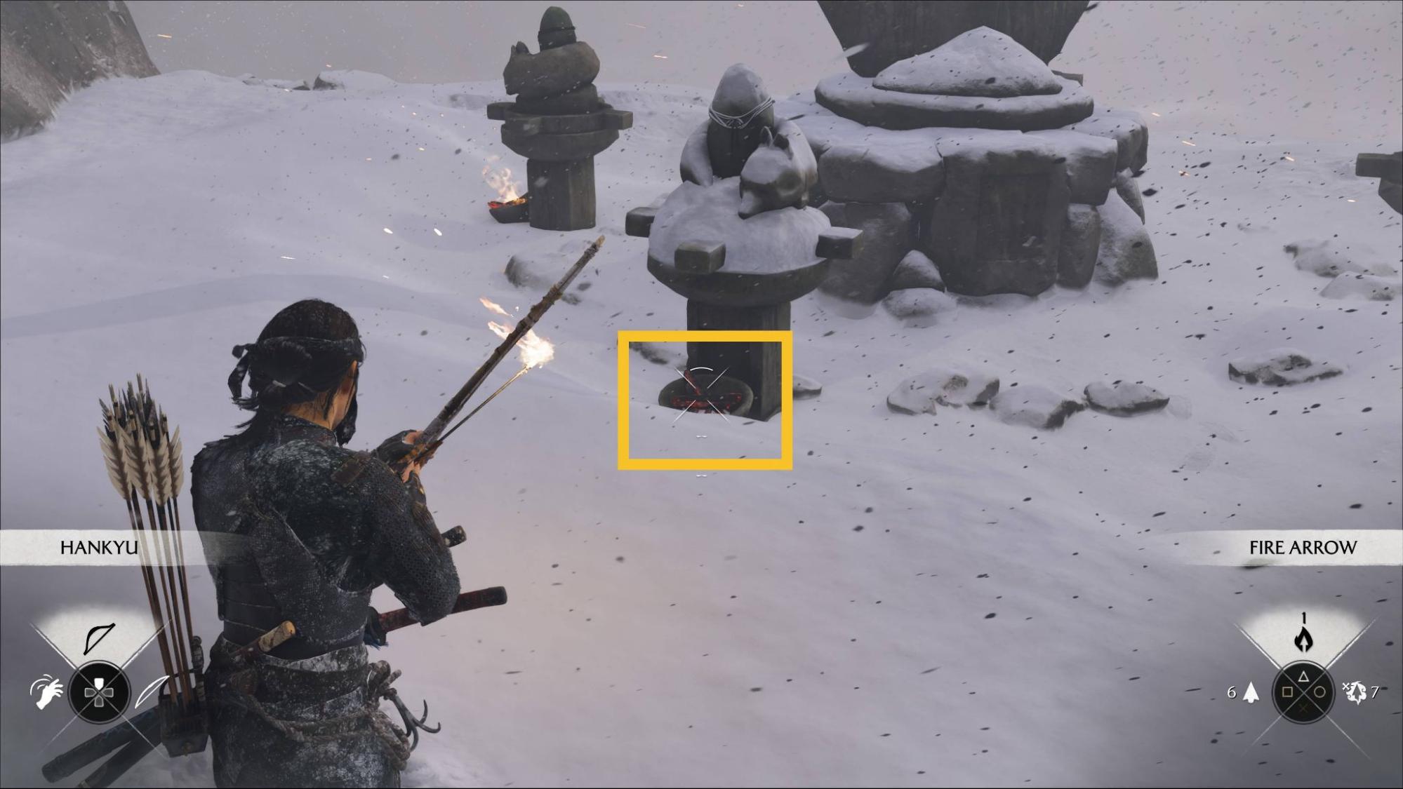 A character aims a bow and fire arrow at a snowy shrine with stone structures in Ghost of Yotei