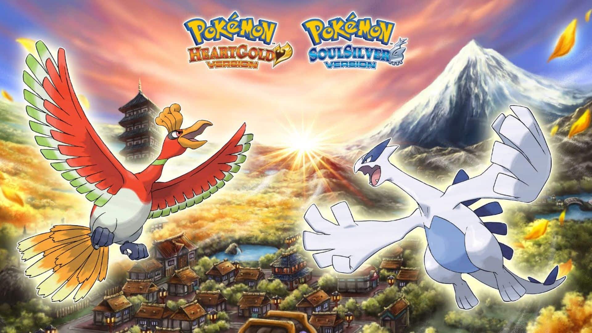 Ho-Oh and Lugia soaring over Johto in Pokémon HeartGold and SoulSilver