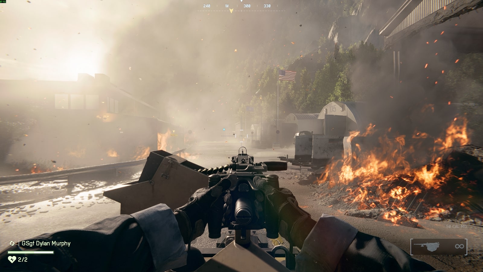 Player operating a mounted machine gun amid explosions and fire during a Battlefield 6 combat mission