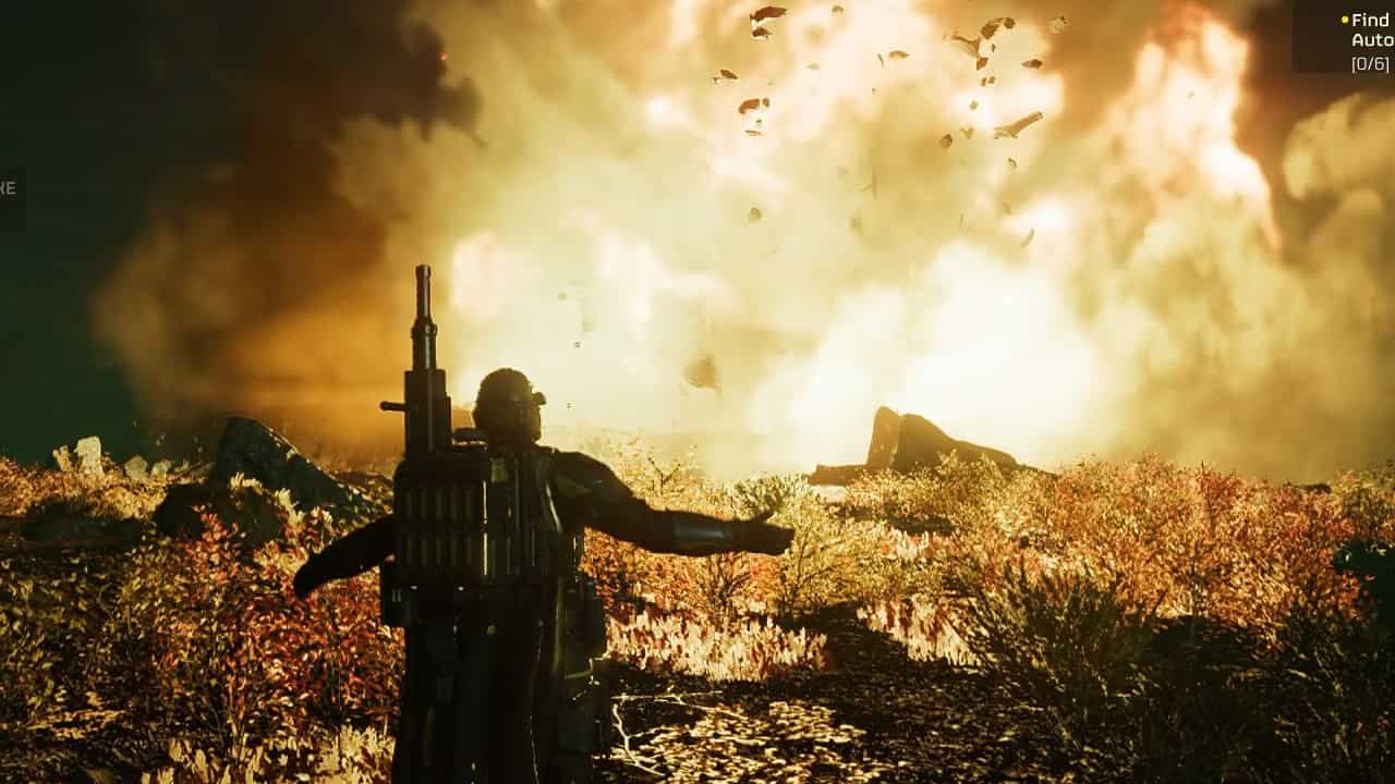 A Helldivers 2 soldier stands with extended arms in a field, facing a large explosion with debris flying in the air.