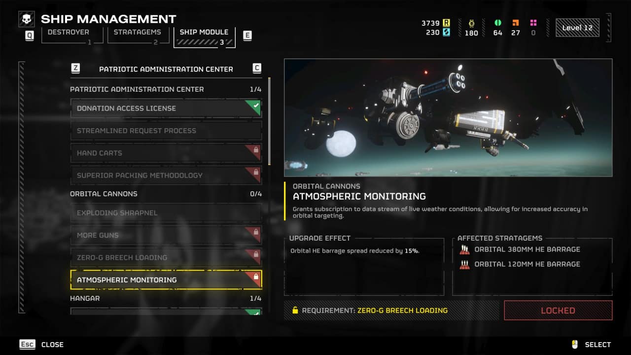 A screenshot from the video game Helldivers 2 showing a menu for ship management with various upgrade options for a spacecraft.