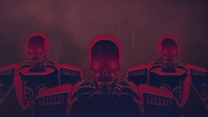 Three ominous red Helldivers 2 robotic figures with glowing eyes stand under a rain, against a dark, stormy background.