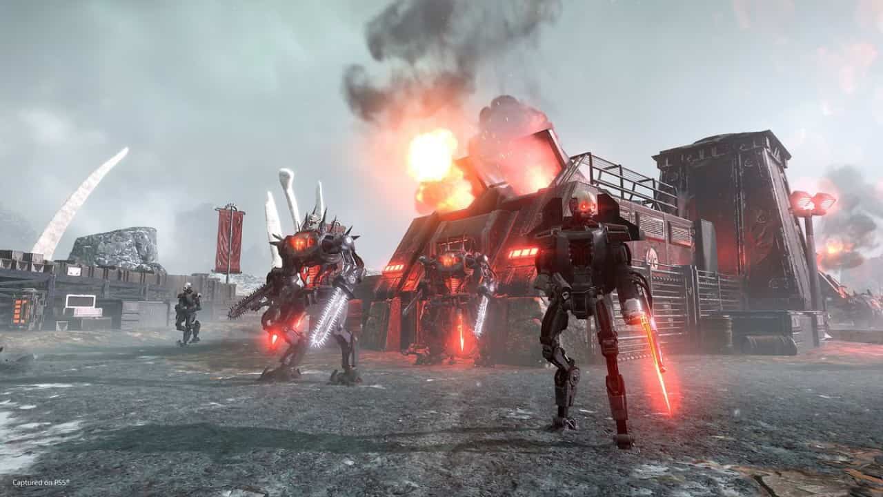 Robotic figures engage in combat on a dystopian battlefield with explosions in the background, reminiscent of Helldivers 2 scenarios.