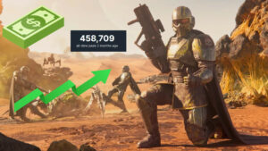 A futuristic armored soldier from "Helldivers 2", the best-selling game of 2024, stands in a desert landscape, with an overlay of an ascending graph and a money icon indicating financial
