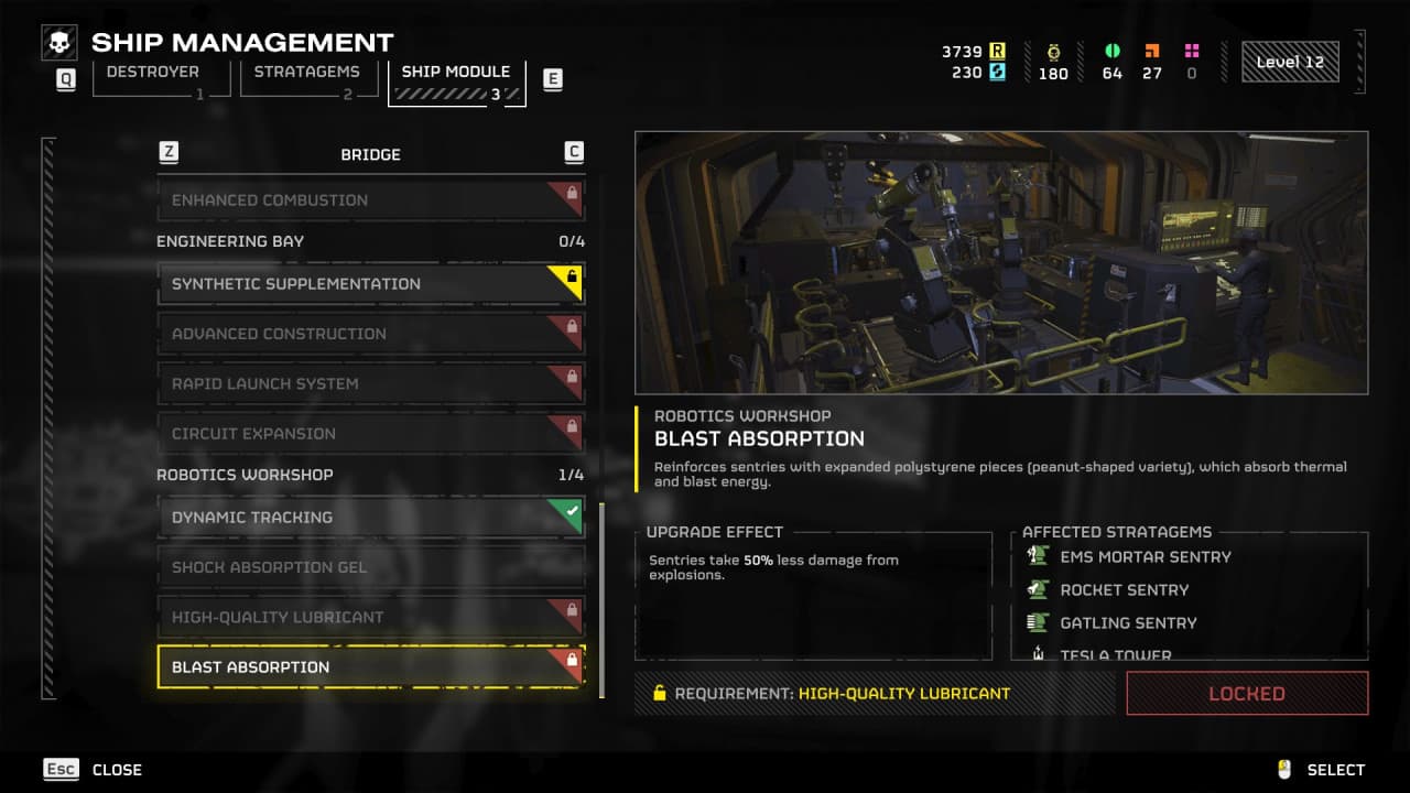 Screenshot of a Helldivers 2 spaceship management interface showing the 'robotics workshop' module selected with details and upgrades for sentry defenses.