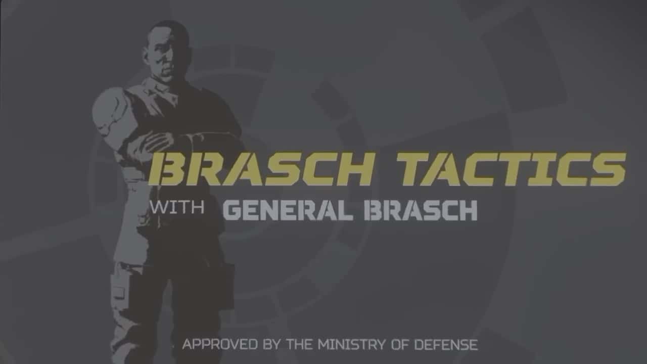 A graphic of General Brasch holding a helmet, with the text "Helldivers 2 tactics with General Brasch" and "approved by the Ministry of Defense" on a gray background.
