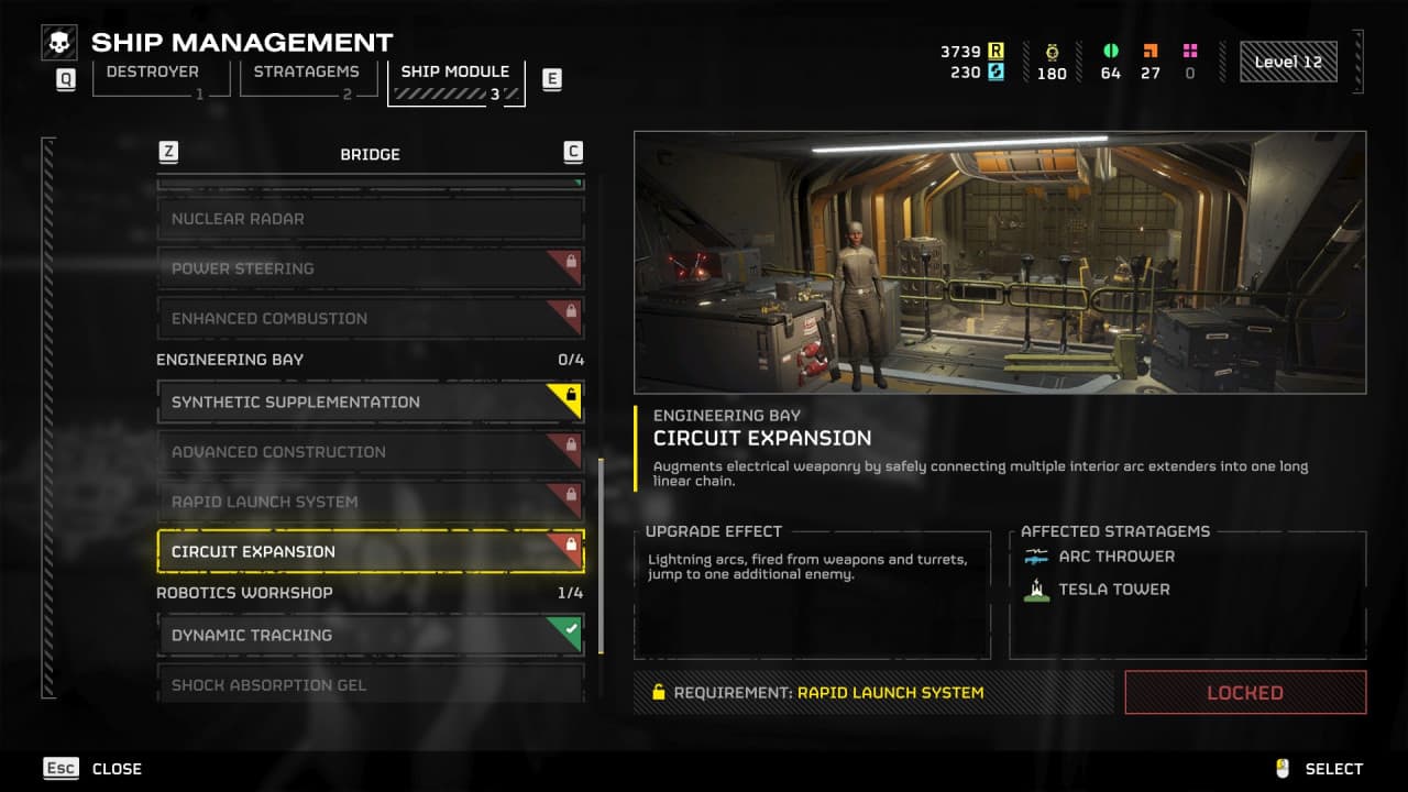 Screenshot of the Helldivers 2 ship management video game interface, highlighting the "circuit expansion" upgrade for the engineering bay.