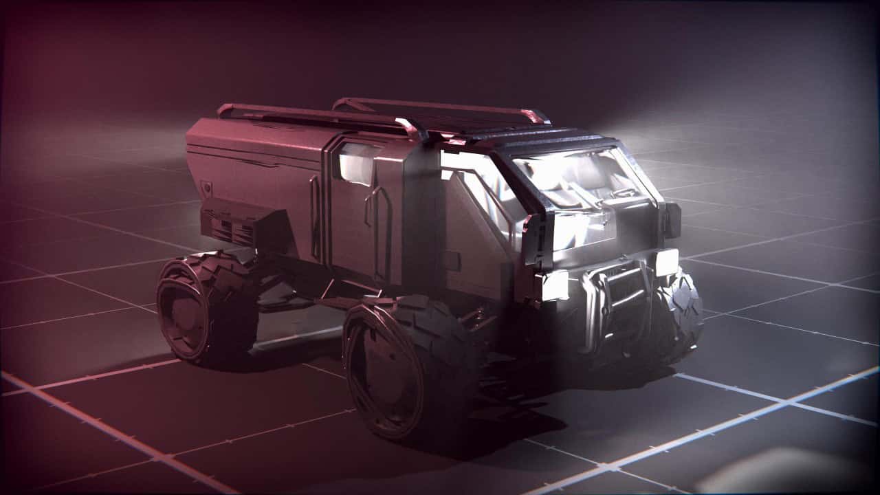 A futuristic armored vehicle, rumored to be from Helldivers 2, with large wheels parked on a gridded surface under dim lighting.