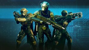 Three futuristic soldiers in Helldivers 2 combat gear, holding advanced rifles, standing against a high-tech, blue digital background.