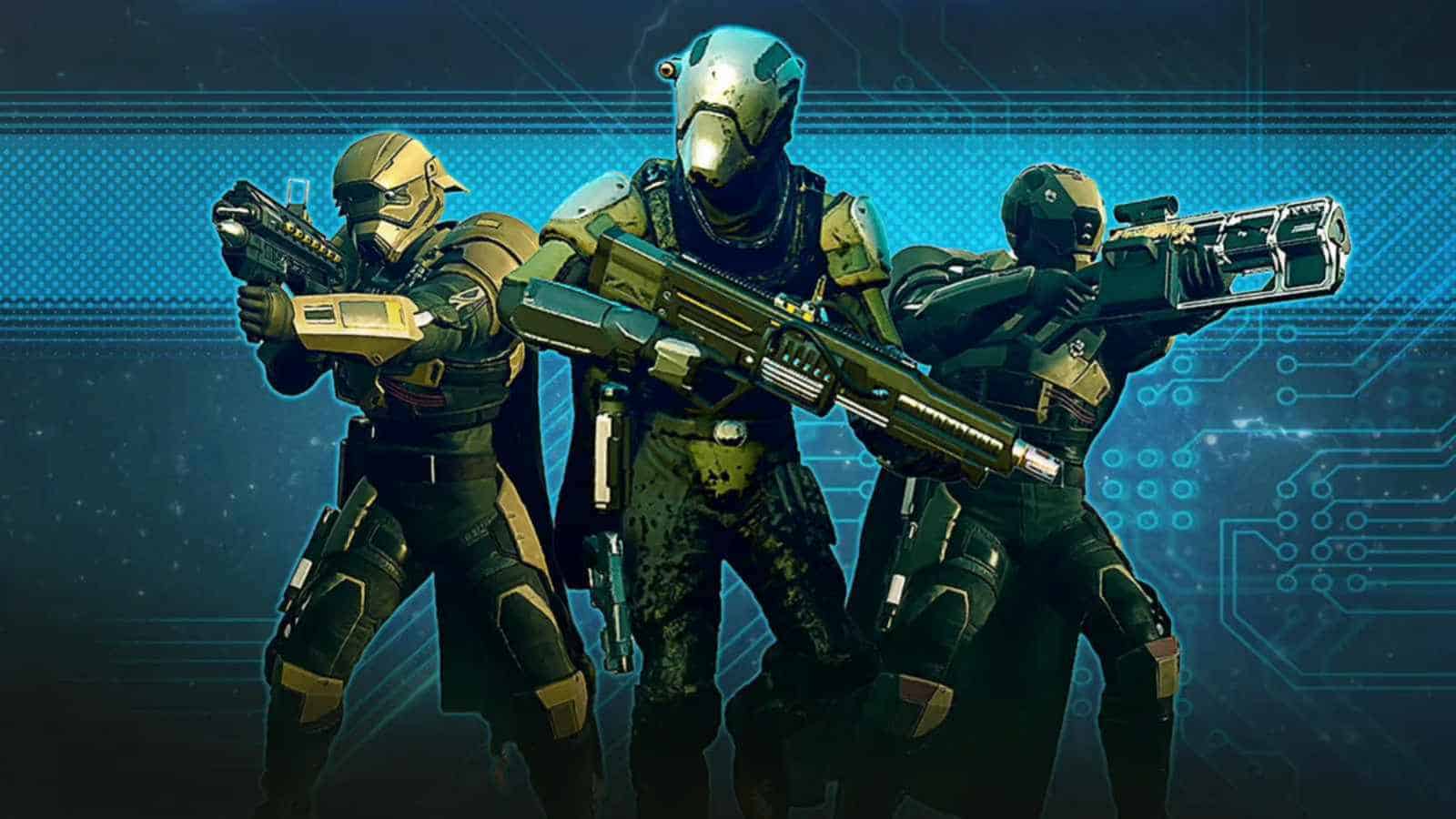 Three futuristic soldiers with advanced armor and weapons reminiscent of Helldivers 2, stand against a digital backdrop.