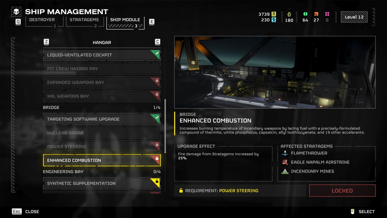 User interface of a Helldivers 2 spaceship management simulation game showing options for ship upgrades with "enhanced combustion" selected, visible against the backdrop of a virtual hangar environment.