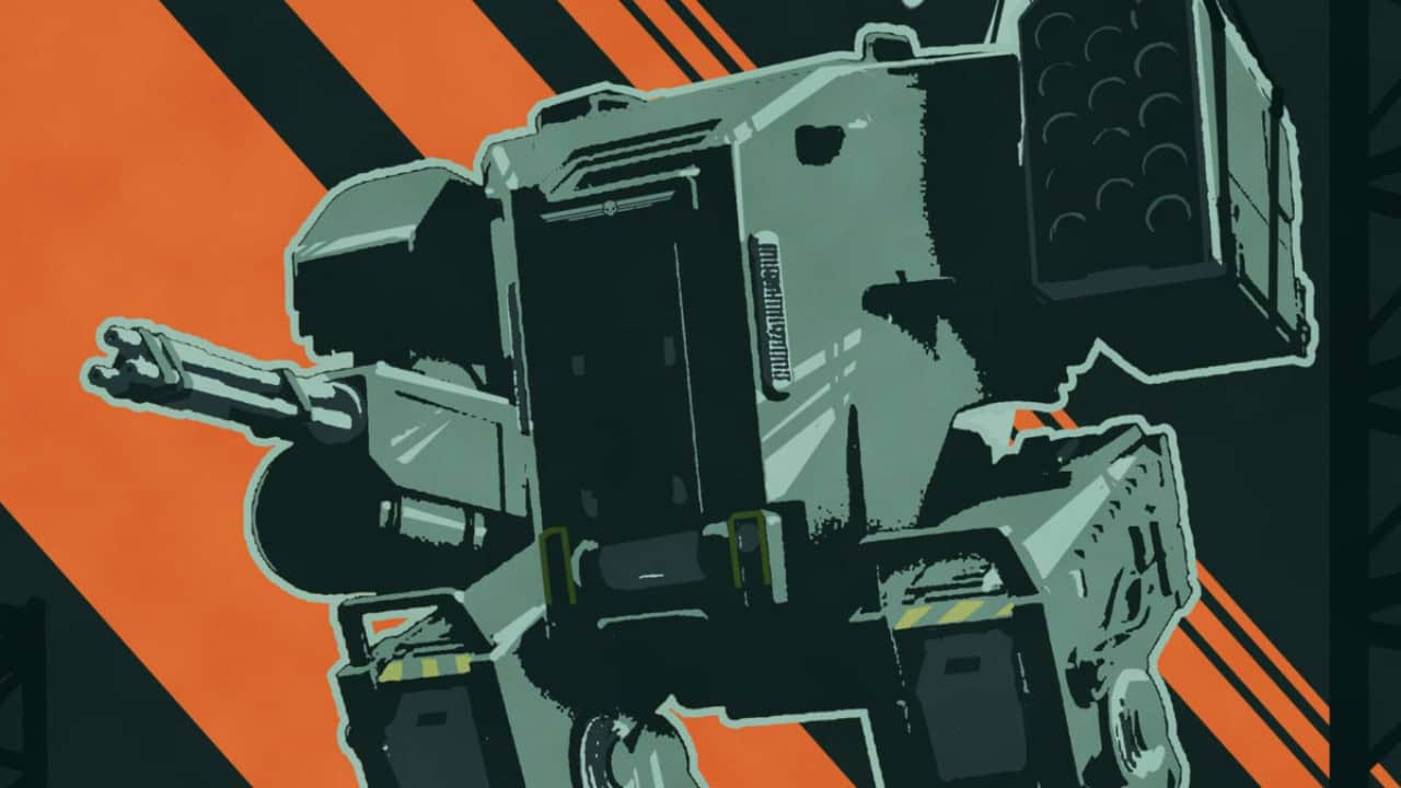Illustration of a futuristic Helldivers 2 robot with a large body and arm extended, set against a dynamic orange and black striped background.