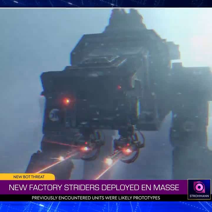 A large robotic Factory Strider Automaton with glowing red jet propulsion, deployed in a foggy industrial setting, featured in a news broadcast graphic.