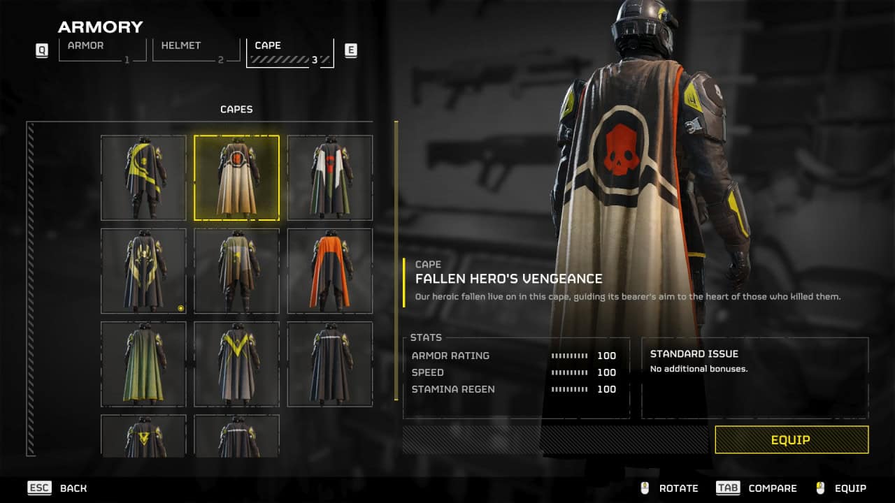 Video game screenshot from Helldivers 2 showing a character customization screen, with focus on a cape named "fallen hero's vengeance" in a virtual armory.