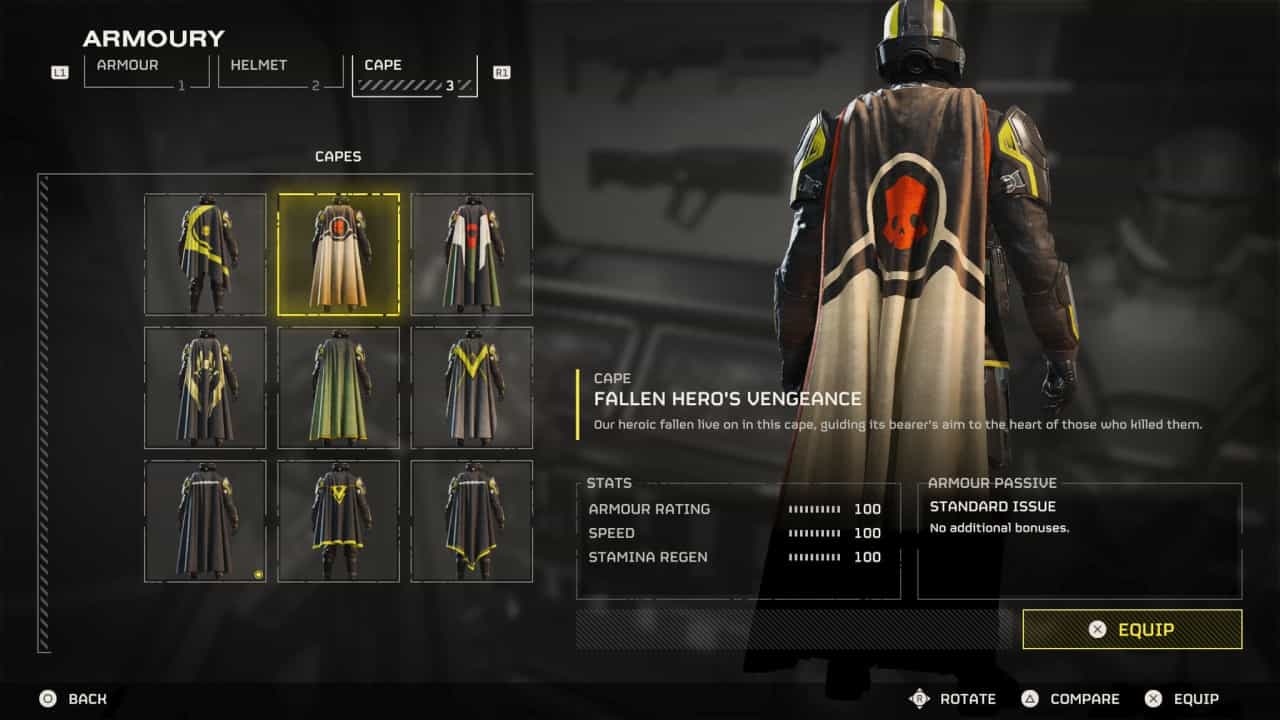 A screenshot from Helldivers 2 showing a character customization screen with options for different capes in an armory, highlighting the free cape players receive to commemorate failing the latest Major Order.