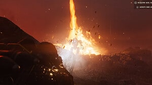 Helldiver in a spacesuit standing near a volcanic eruption with lava spewing upwards, surrounded by rocky terrain under a reddish sky.