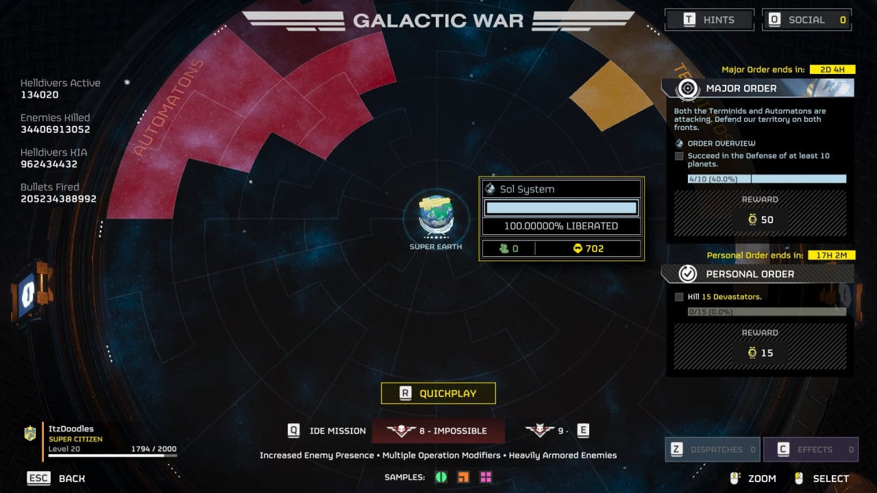 Screenshot from a futuristic video game interface showing a galactic map centered on the Sol system, with game stats, objectives, and a colorful radial menu. A Helldivers 2 player comments that the