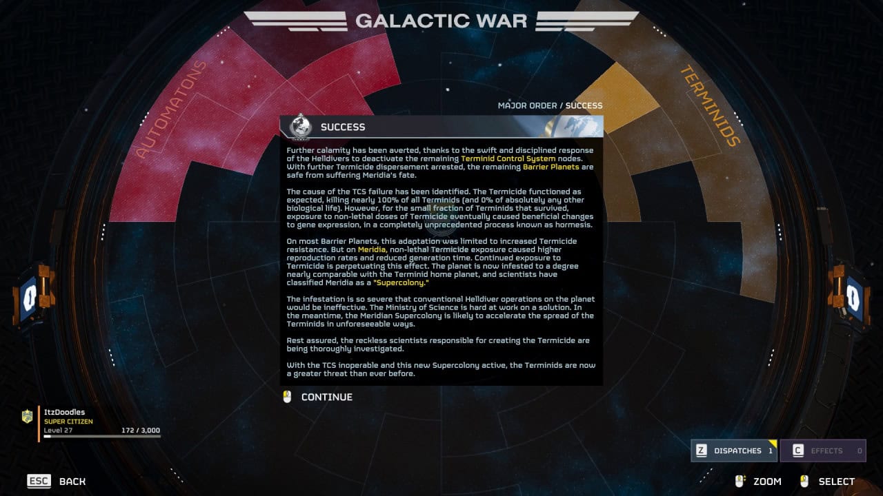 Screenshot of the "Helldivers 2" video game interface showing a "galactic war" progress screen with various sectors, status updates, and game control options.