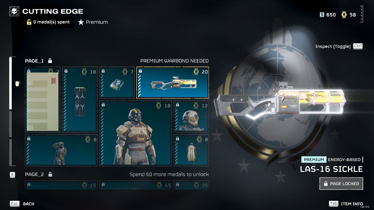 Helldivers 2 get and use the LAS-16 Sickle - Cutting Edge Warbond screen showing the sickle