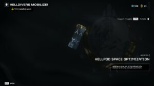 Screenshot of the "Helldivers 2 mobilize" video game showing a menu for "hellpod space optimization" with an image of a supply crate against a cosmic background.