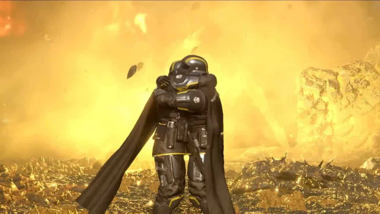 A character in a futuristic black armor and cape stands in a fiery, apocalyptic landscape with debris floating in the background, reminiscent of Helldivers 2.