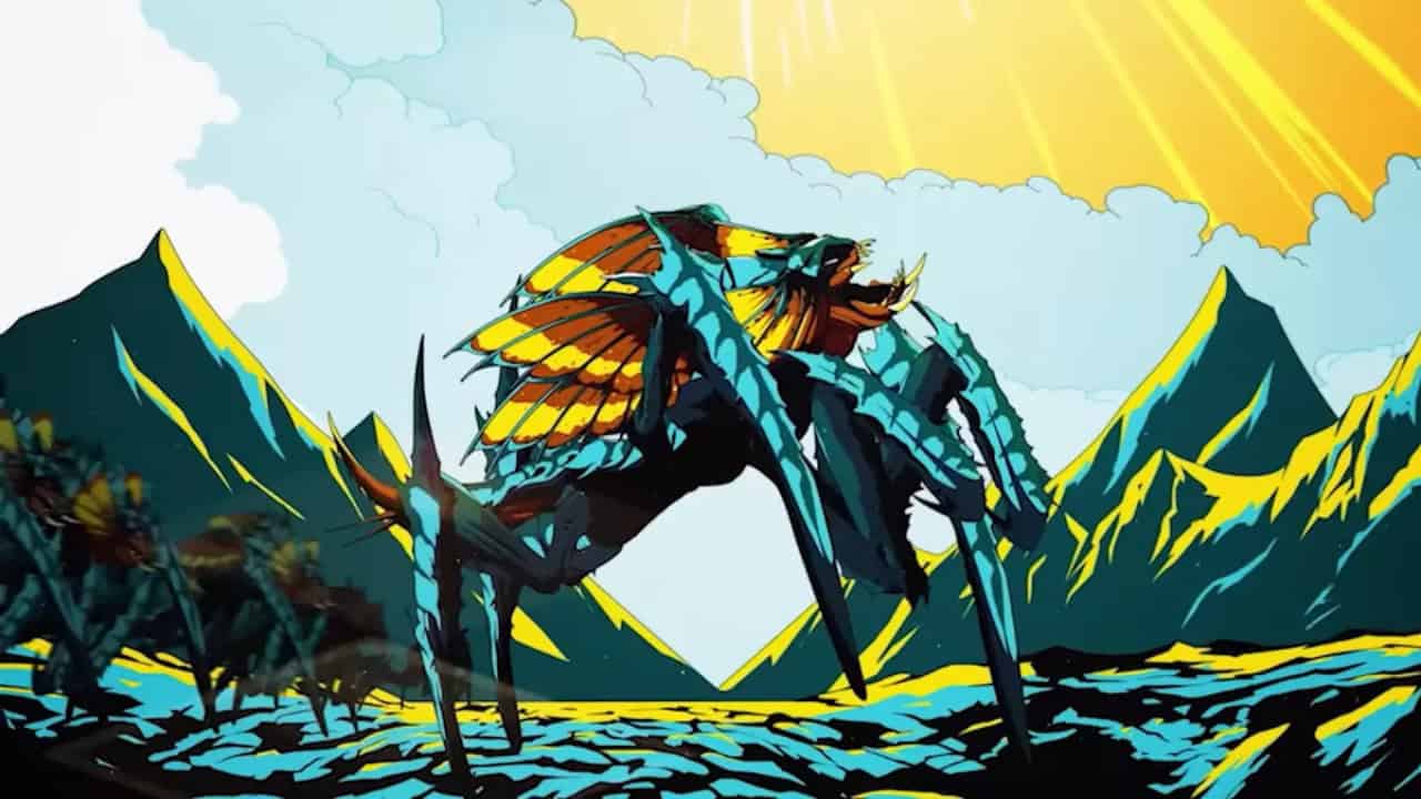Stylized illustration of a mechanical insect-like creature with vibrant wings, standing in a mountainous landscape under a bright Helldivers 2 sun.