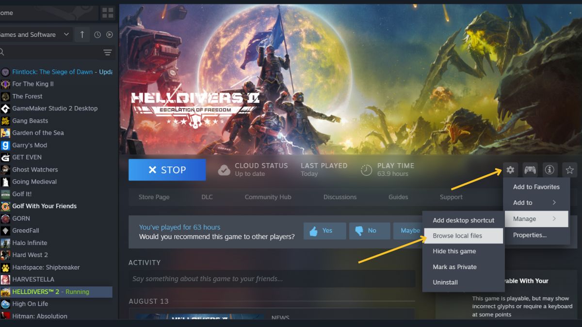 Helldivers 2 keeps crashing on PC -Player navigating steam menu