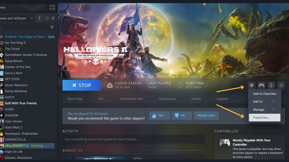 Helldivers 2 keeps crashing on PC - Player navigating Helldivers 2 steam menu