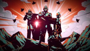 Three Helldivers 2 futuristic soldiers with advanced armor and weapons standing heroically against a backdrop of explosions and flying debris.