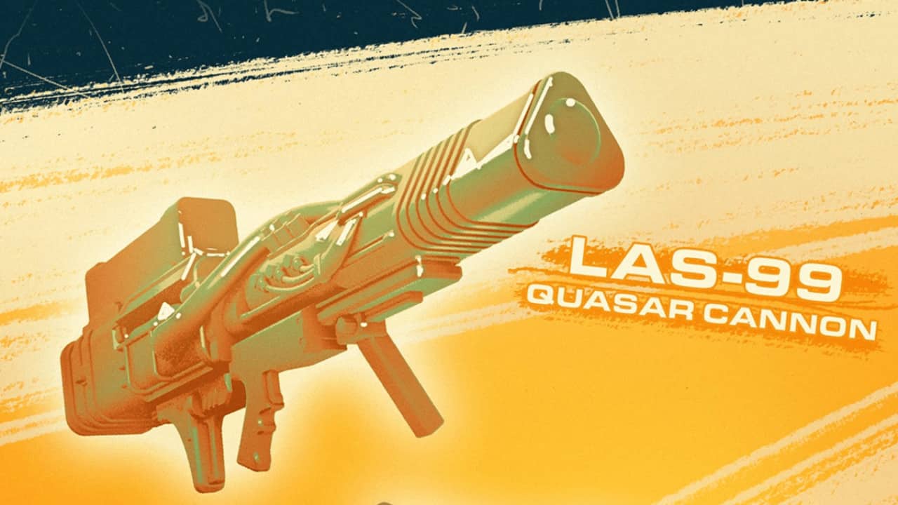 Futuristic green and orange Helldivers 2 quasar cannon with the label "las-99" displayed in a stylized graphic design.