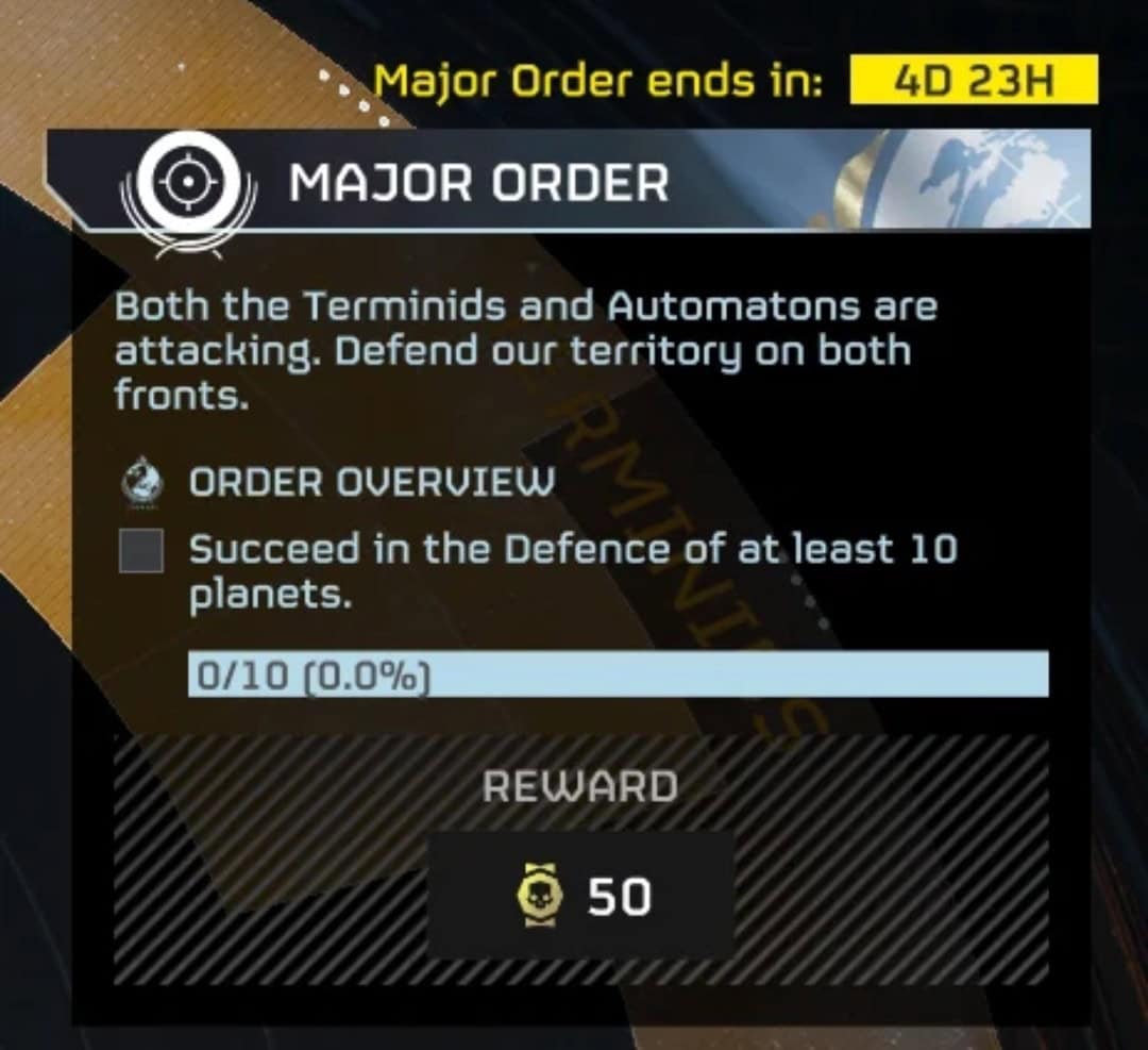 Screenshot of a Helldivers 2 video game mission titled "major order," which tasks players with defending their territory from the terminids. Includes time left (4d 23h), task requirements