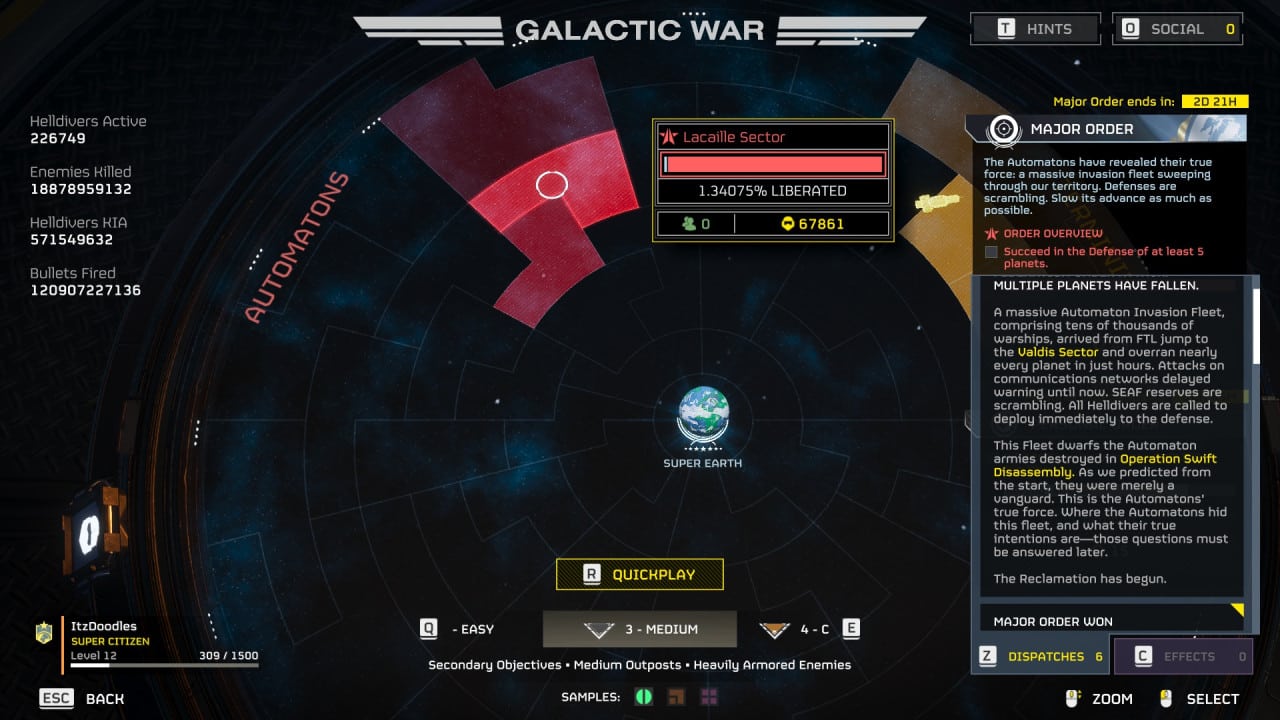 A screenshot of the "Helldivers 2" video game interface, featuring a space-themed war campaign with various stats and options displayed around the central image of earth.