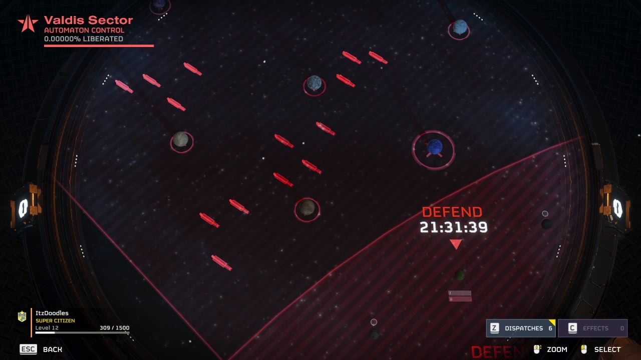 Strategic game interface showing a Helldivers 2 defense mission with a countdown timer and various units on a grid.