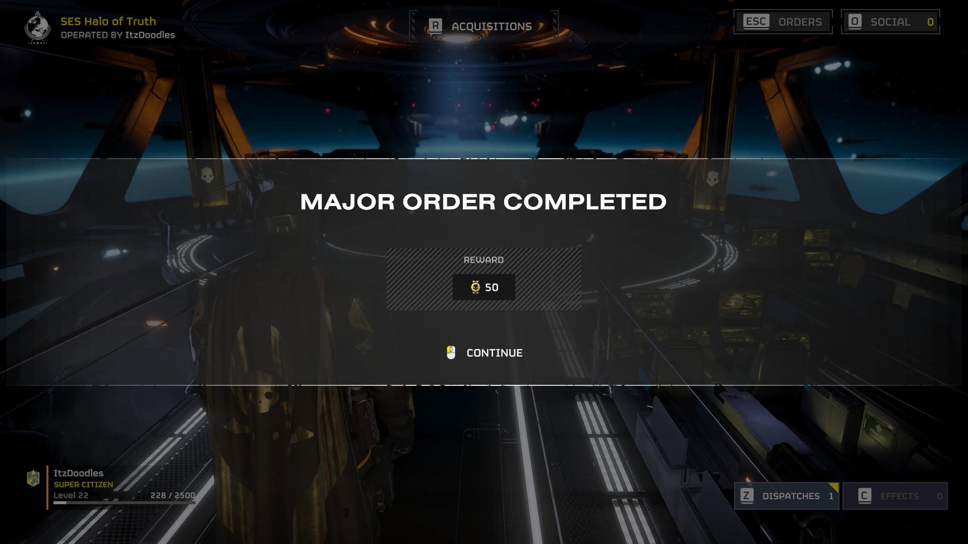 In-game screenshot from "Helldivers 2" showing a "major order completed" notification with a reward of 50 coins on a spaceship bridge interface.