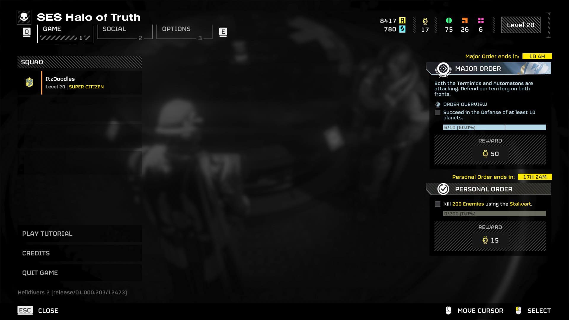 Screenshot of the "Helldivers 2" game interface showing the menu options such as social, options, and missions with various game statistics displayed.