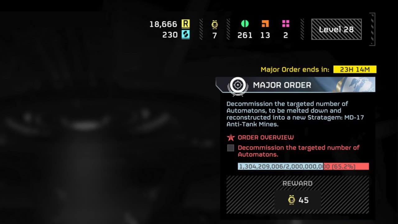 Screenshot of a game interface showing resource statistics, a mission titled "Major Order" with a progress indicator, and a rewards section in "Helldivers 2".