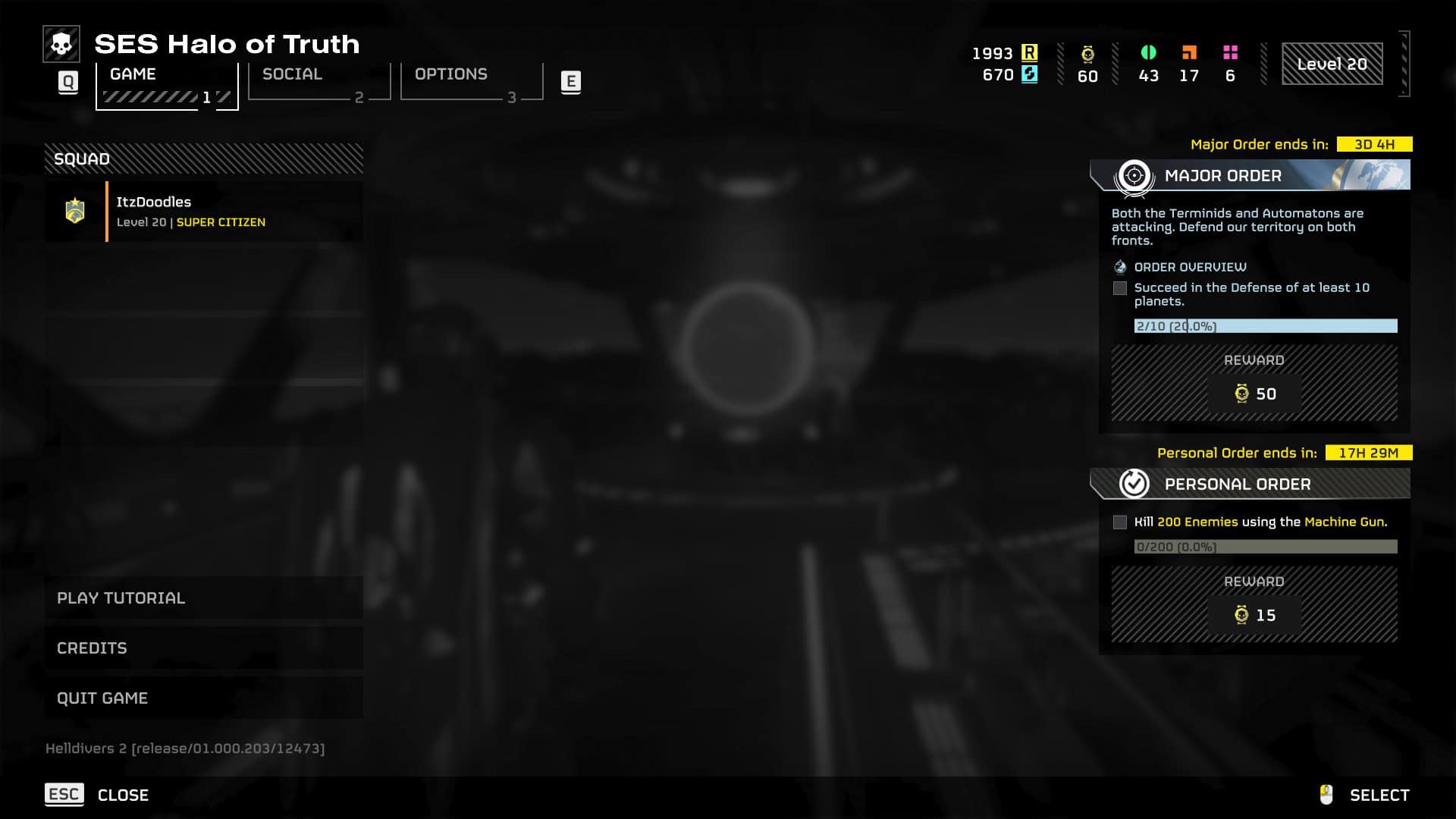 Screenshot of a video game menu screen, displaying an inventory with item descriptions, game currency, and player stats visible. The Helldivers 2 Major Order progression is being tracked again and is highlighted.