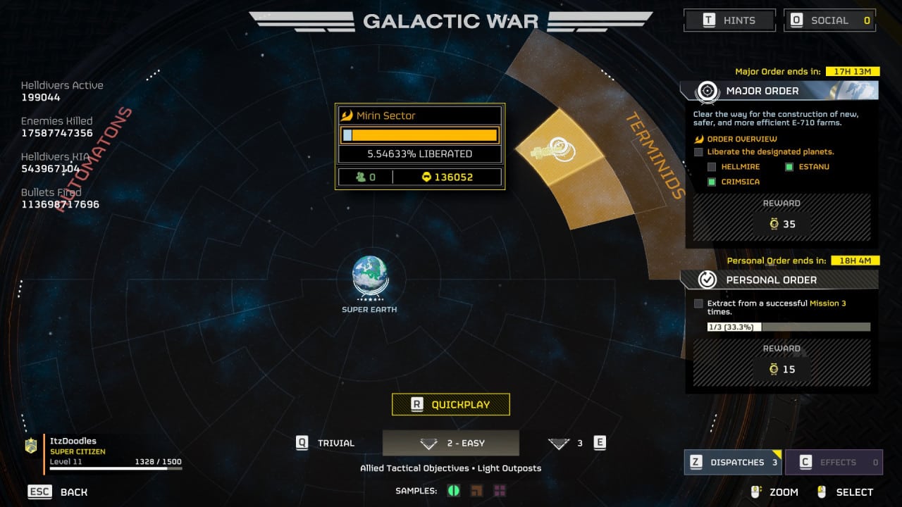 User interface of a sci-fi themed strategy game, showing a galactic map, various game status indicators, and hints at what is next for Helldivers 2.