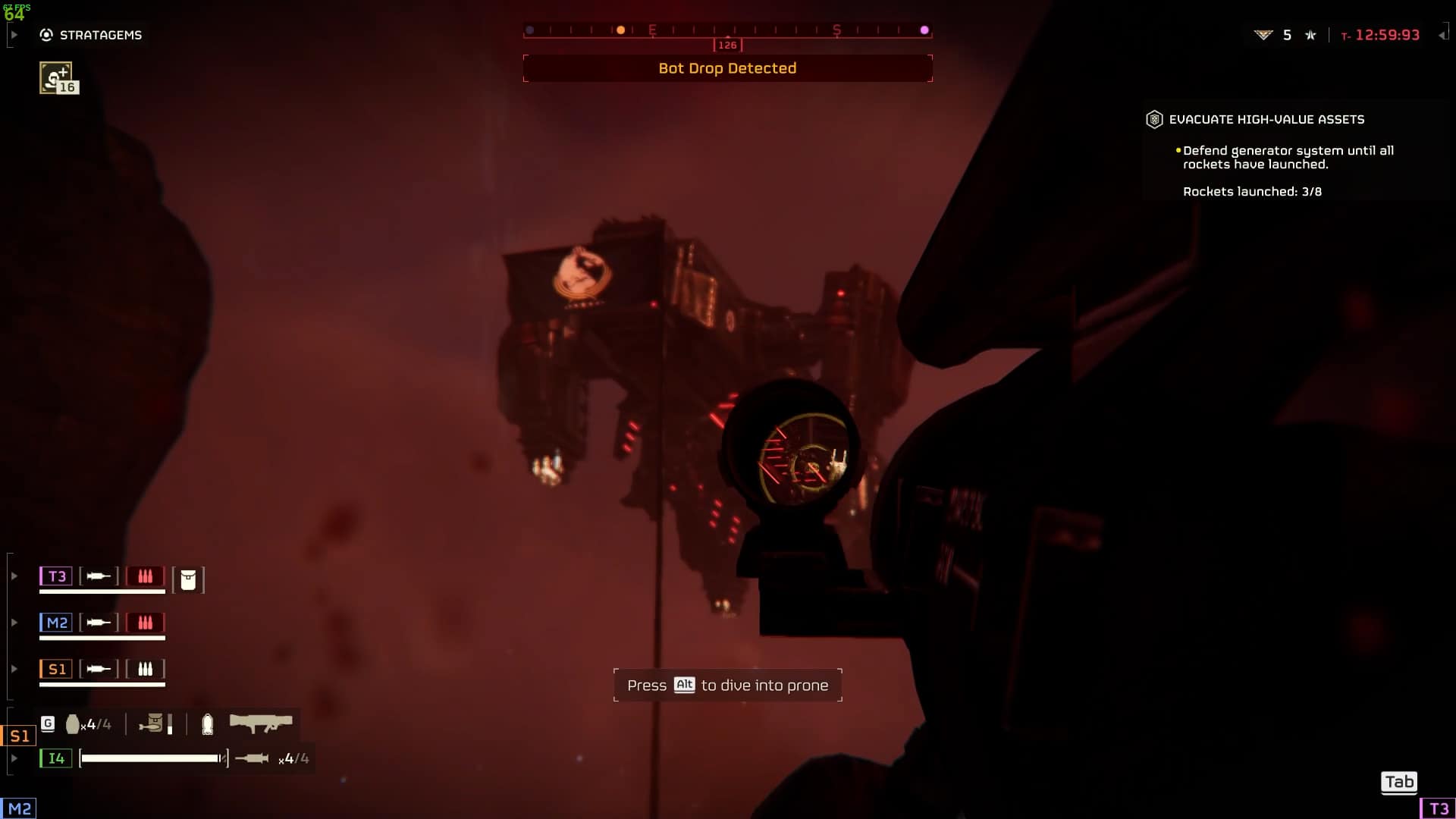 A screenshot from the video game Helldivers 2 showing a first-person view of aiming a crosshair at a robotic enemy in a dark, fiery environment with on-screen game metrics and prompts.