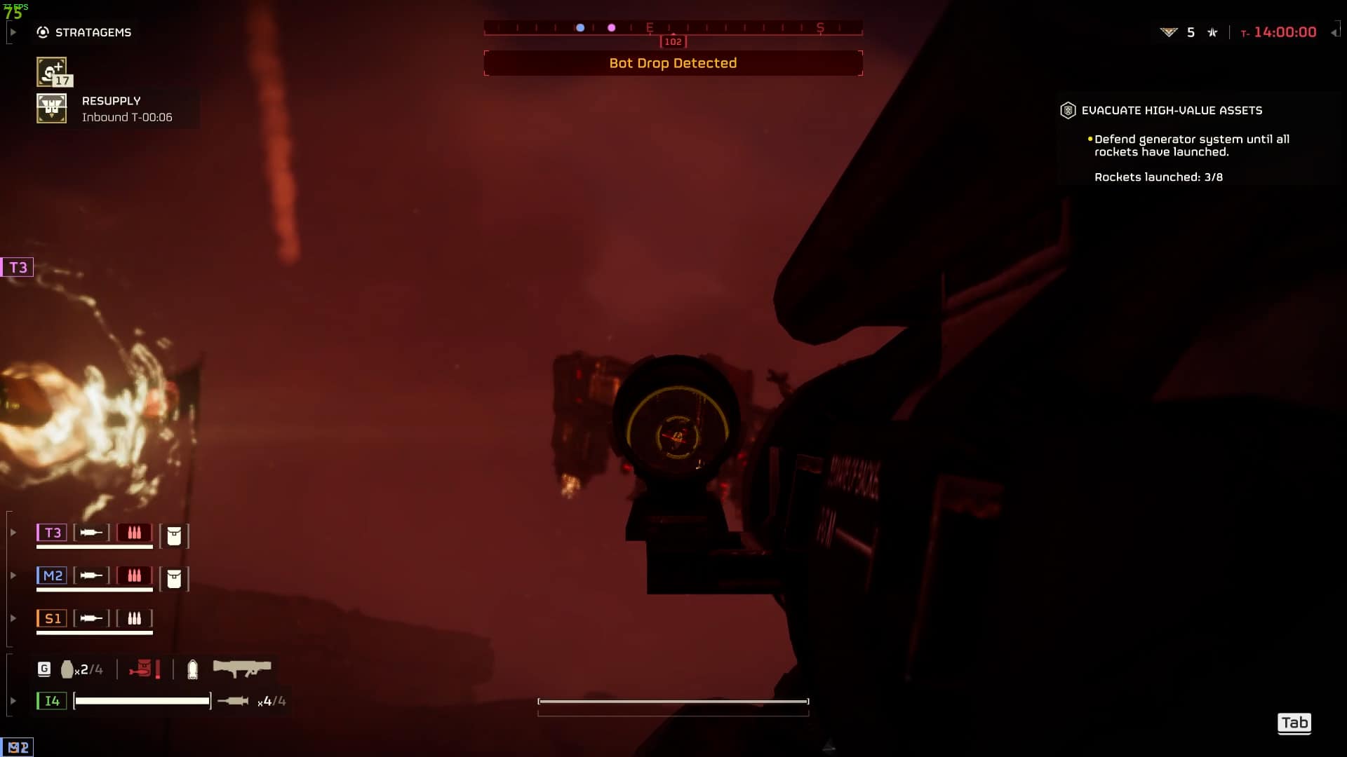A screenshot from Helldivers 2 showing a spaceship cockpit view with warning alerts and a target locked onto an enemy ship amidst a fiery space battle.
