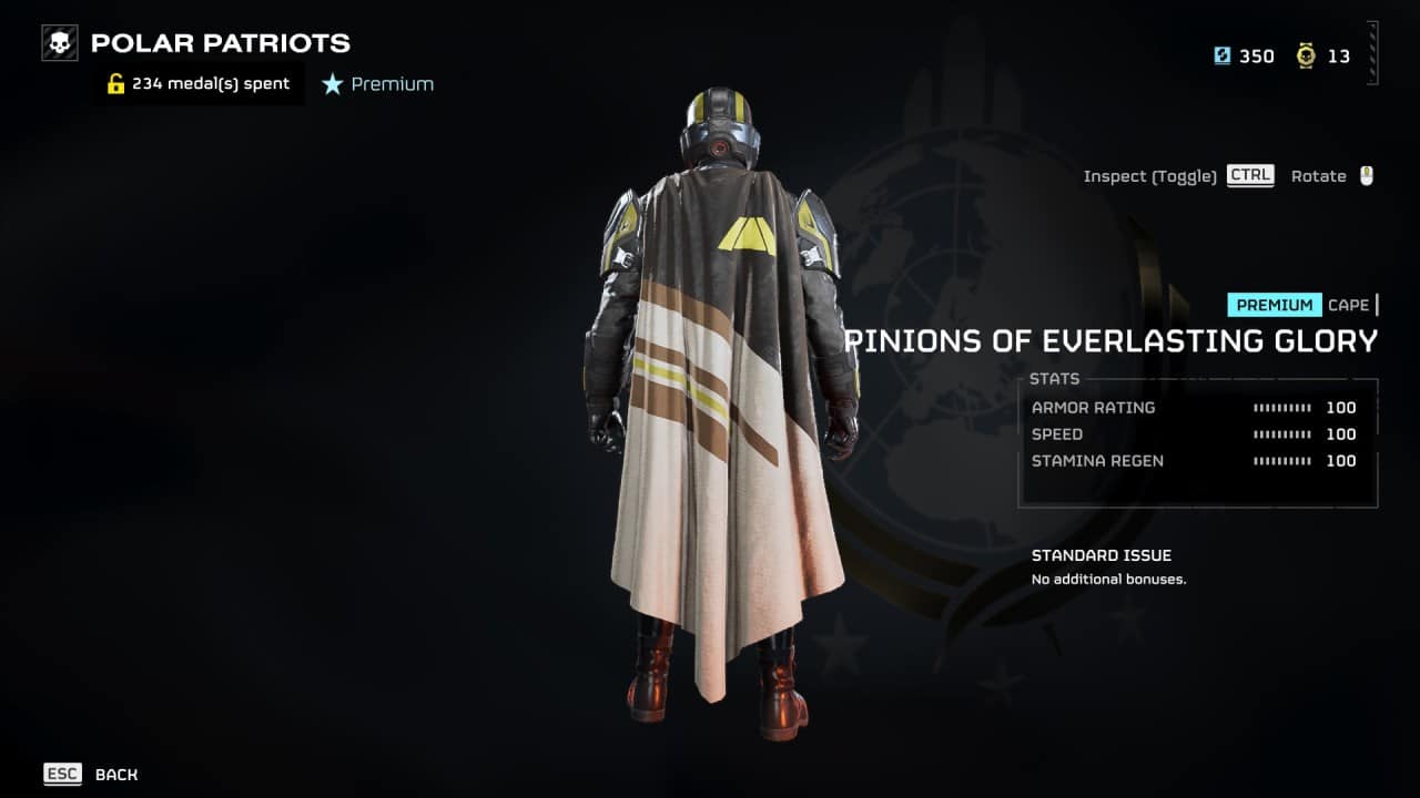 A character in Helldivers 2, donning a helmet and a cape labeled "Opinions of Everlasting Glory," showcases premium status and vital stats like armor, speed, and stamina. HUD elements are prominently displayed.