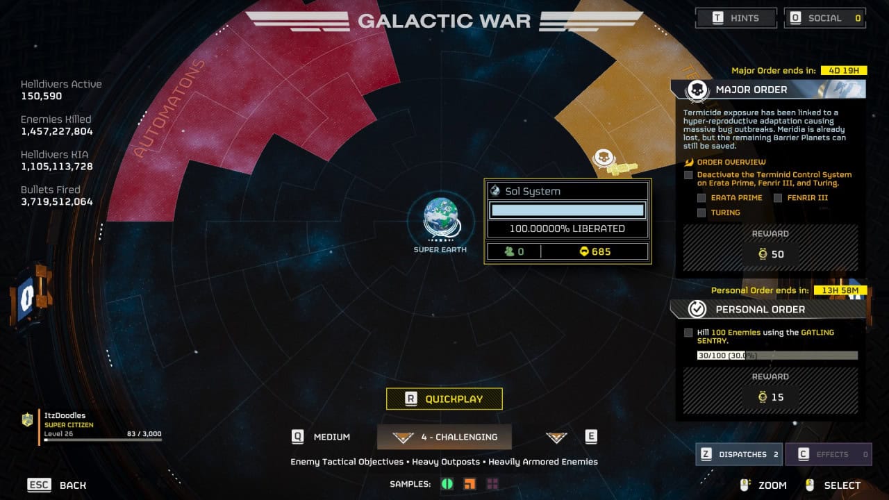 Screenshot of the Helldivers 2 video game interface depicting a galactic war theme, featuring a detailed strategy map with the sol system highlighted and various control panels for game settings and missions.