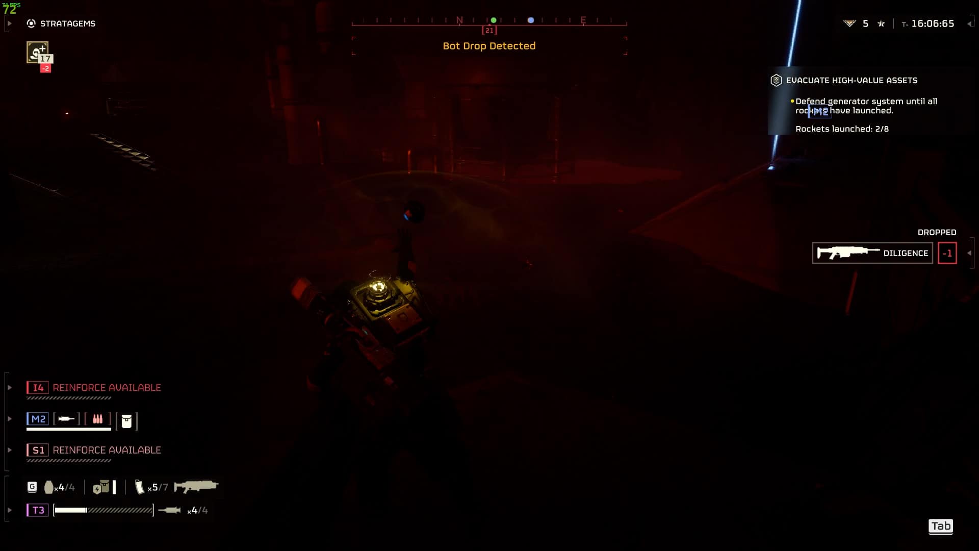 A player in a dark, atmospheric sci-fi video game environment aiming at an enemy, with HUD displaying mission details and game stats, overhears Helldivers 2 players saying, "Reinforcements